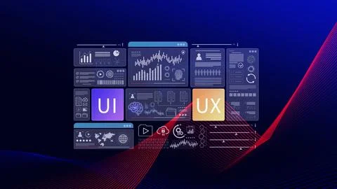 UI UX interface design concept with virtual wireframe. AI technology icons .. Foto stock