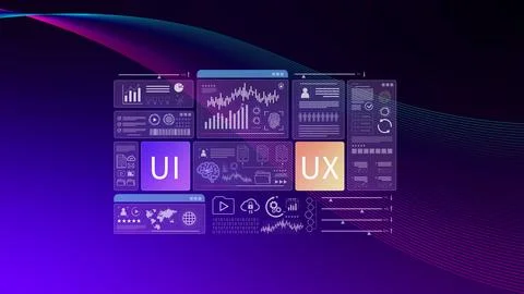 UI UX interface design concept with virtual wireframe. AI technology icons .. Stock Photos