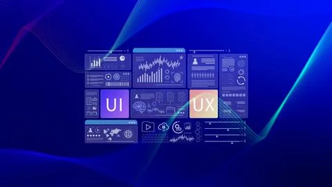 UI UX interface design concept with virtual wireframe. AI technology icons .. Foto stock