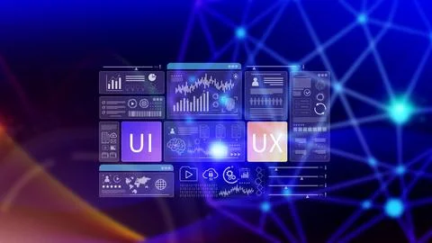 UI UX interface design concept with virtual wireframe. AI technology icons .. Foto stock