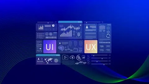 UI UX interface design concept with virtual wireframe. AI technology icons .. Foto stock