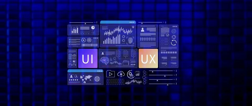 UI UX interface design concept with virtual wireframe. AI technology icons .. Foto stock