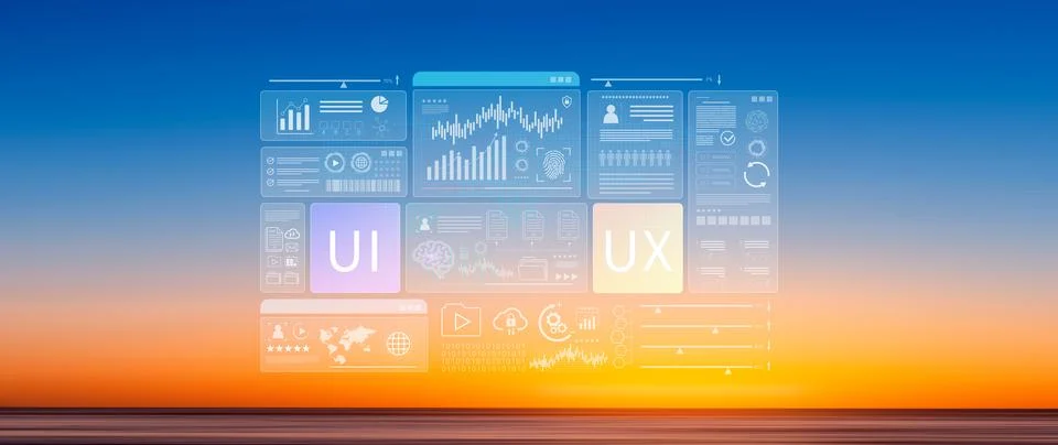 UI UX interface design concept with virtual wireframe. AI technology icons .. 写真素材