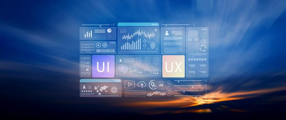 UI UX interface design concept with virtual wireframe. AI technology icons .. Foto stock