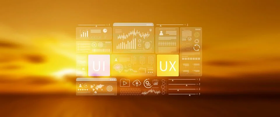 UI UX interface design concept with virtual wireframe. AI technology icons .. Foto stock
