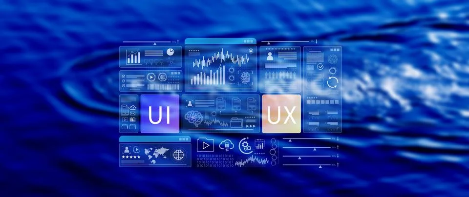 UI UX interface design concept with virtual wireframe. AI technology icons .. Foto stock
