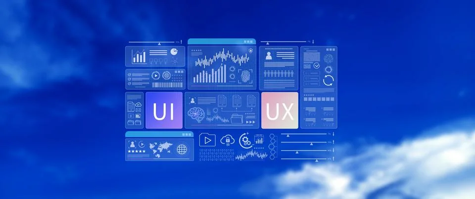 UI UX interface design concept with virtual wireframe. AI technology icons .. Stock Photos