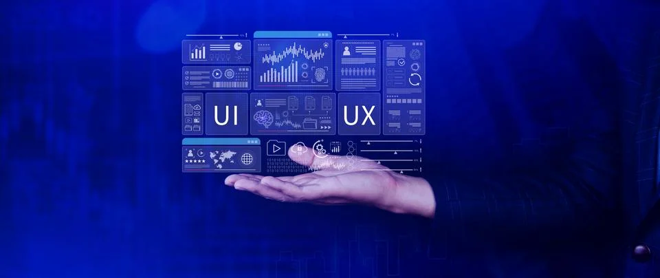 UI UX interface design concept with virtual wireframe. AI technology icons .. 스톡 사진