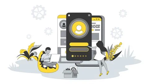UI UX layouts design concept in flat design with people. Man and women create Stock Illustration