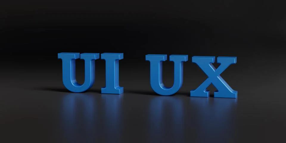 UI UX text in three dimensions on dark background. 3d illustration. 스톡 일러스트