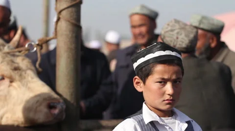Uighur boy close-up, livestock market, China Stock Footage