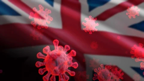 UK 3D Flag With Virus Floating Animation Closeup (3D Rendering) Stock Footage 126802459