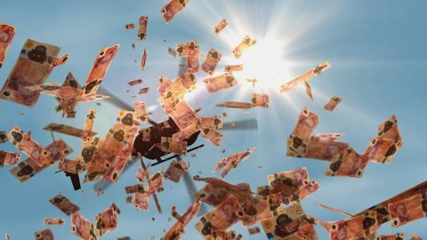 UK 50 pound sterling banknotes helicopter money dropping Stock Footage 344859887