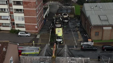 UK: Arson attack on ambulances in London - drone footage Stock Footage 331287992