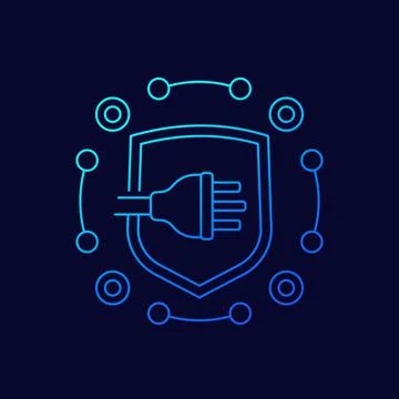Uk electric plug with shield line vector icon Stock Illustration