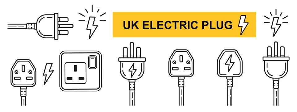 UK electric plug socket, British electrical power outlet, English ac cable icon Stock Illustration