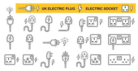 UK electric plug socket, electrical power outlet, electro equipment wire icon Stock Illustration