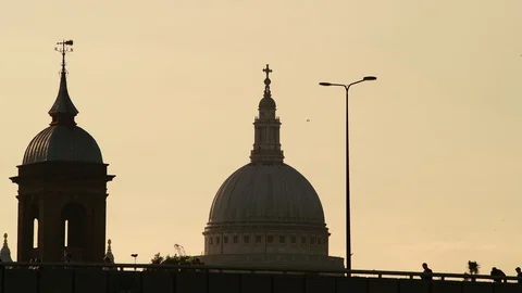 UK, England, London, River Thames, London Bridge St Paul's Cathedral, Commuters Stock Footage 113294792