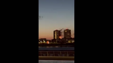 UK: Fire Breaks Out At High-Rise Flat In North Woolwich Stock Footage 280493086