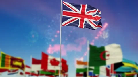 UK  Flag With Flags Of The World And Fireworks Moring And Night 3D Rendering Stock-Footage 149960248