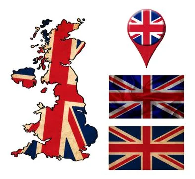 Uk flag, map and map pointers Stock Illustration
