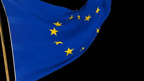UK flag waving in the wind turning into EU flag on black background, with alpha Stock Footage 107689111