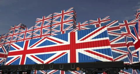 UK Great Britain export containers on cargo train wagons loop Stock Footage 288571202