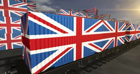 UK Great Britain export containers on cargo train wagons loop Stock Footage 288572118