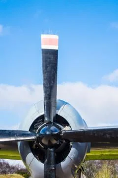 UK Ironbridge March 3 2016 Vintage Aircraft Propeller with blue sky behind Stock Photos