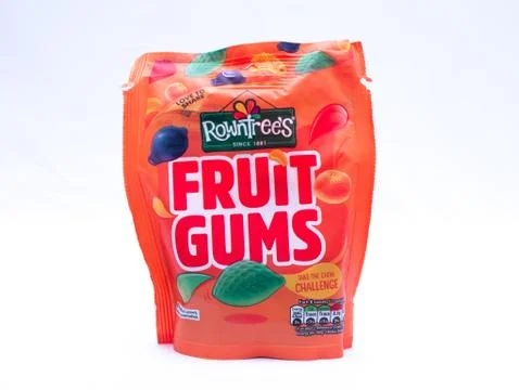UK, Jan 2020: Rowntrees Fruit Gums packet on white background Stock Photos