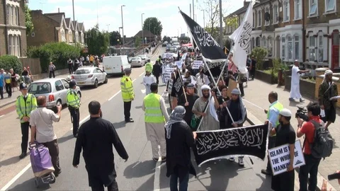 UK July 2011 - Islamic extremists that follow the hate preacher and Stock Footage 97305463