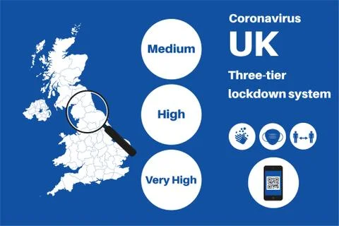 UK Local Lockdown Three tier system vector Infographic on a blue background. Stock Illustration
