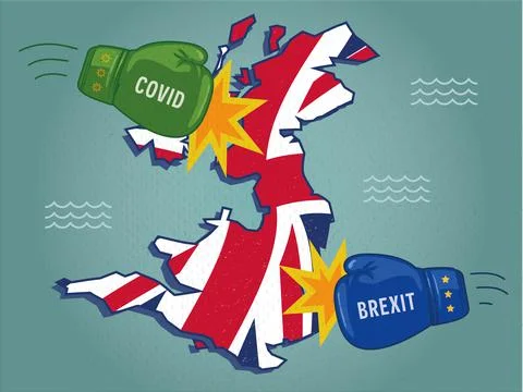 UK map being hit by boxing gloves representing impact of Covid and Brexit. Stock Illustration