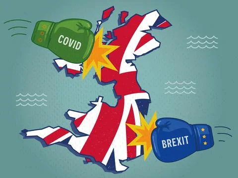 UK map being hit by boxing gloves representing impact of Covid and Brexit. Stock Illustration