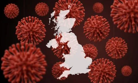 UK map over a scientific virus microbe background. 3D Rendering Ilustração Stock