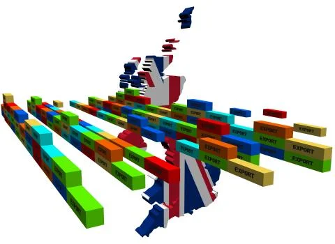 Uk map with stacks of export containers illustration 库存插图