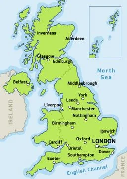UK map vector - major cities marked on map of the United Kingdom. Stock Illustration