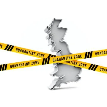 UK map with yellow quarantine warning security tape. 3D Render 스톡 일러스트