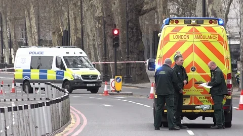 UK March 2019 - A team of three paramedics stand behind an ambulance 動画素材 105030712
