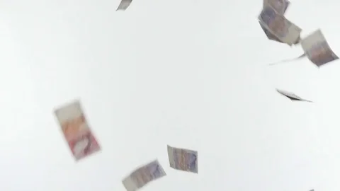 UK notes - Money Falling Down Past Screen - slow motion Stock Footage 75259170