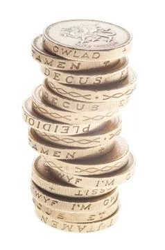 UK Pound coin currency stack on white background. Stock Photos