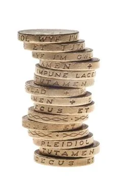 UK Pound coin currency stack on white background. Foto stock