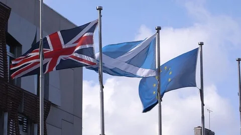 UK, Scotland and EU flags together Stock Footage