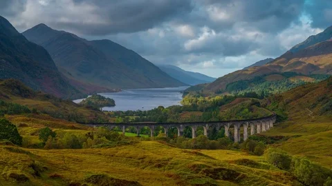 UK, Scotland, Highland, Loch Shiel, Glenfinnan, Glenfinnan Railway Viaduct Stock Footage
