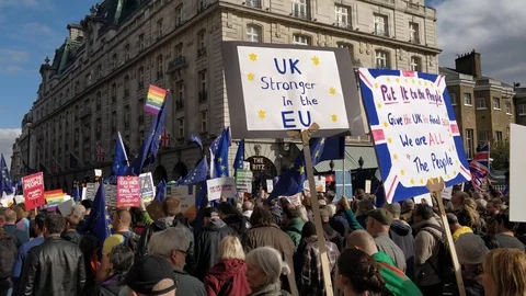 UK Stronger in the EU' - Protesters marching against Brexit Stock Footage 118277266
