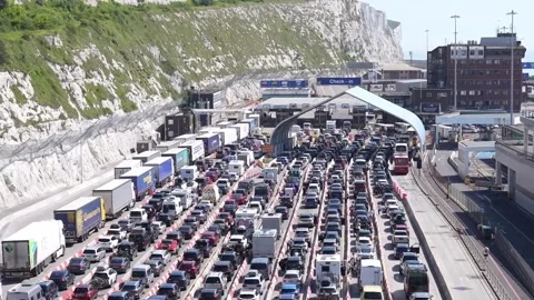 UK: Traffic queuing for the Port of Dover in Kent ahead of the Bank Holid... Stock Footage 335467358