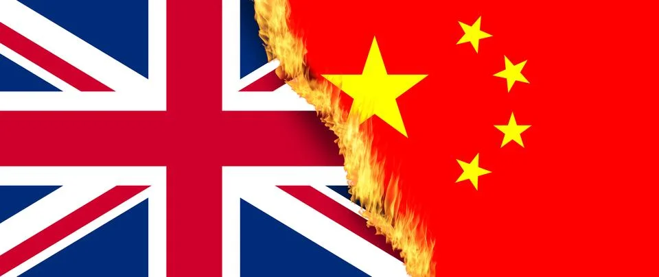 UK, Union Jack flag VS China national flag on Fire, Conflict between countr.. Stock Illustration