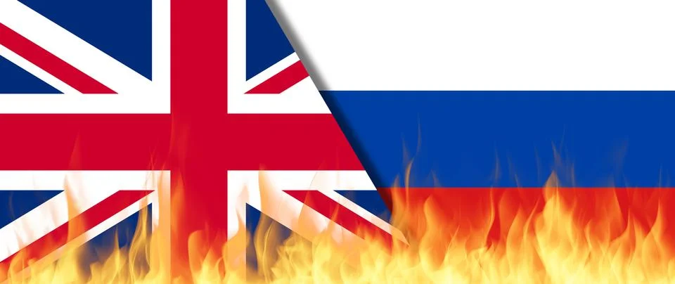 UK, Union Jack flag VS Russian flag on Fire, Conflict between countries, de.. Stock Illustration