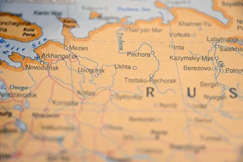 Ukhta Russia Isolated as a Precise Marker on Blurred World Map  Contemporar.. Stock Photos
