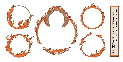 Ukiyo-e style flame circular title frame set. Stock Illustration